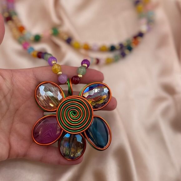 Rainbow Beaded Flower Pendant Necklace – Bold, Colorful & Totally Joyful! - Picture 6 of 12